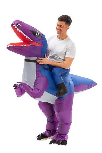 KIMU® Opblaas Kostuum Rijdend op Velociraptor Paars Opblaasb, Carnaval, Nieuw, Overige maten, Ophalen of Verzenden