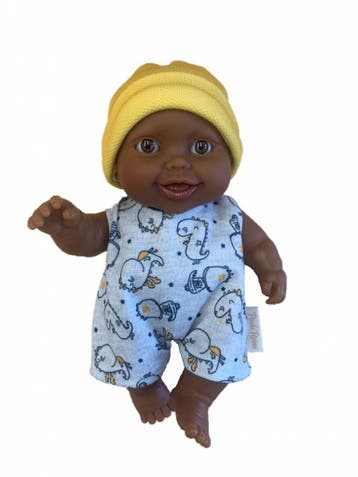 Paola Reina babypop Guilo 21cm donker met dinokleding en..., Ophalen of Verzenden, Nieuw
