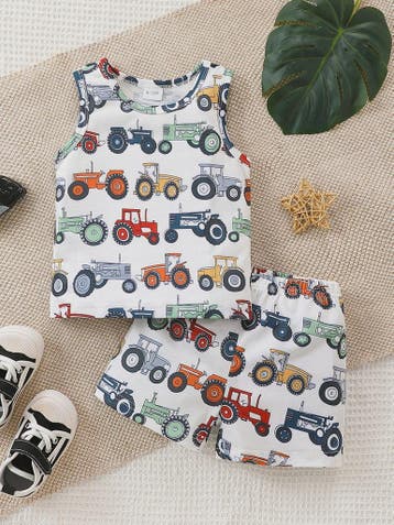 Zomer Set Baby Jongens: Tractor Print Tanktop & Shorts, Verzenden, Nieuw