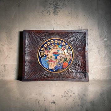 Icoon - Hout, Emaille - Laatste Avondmaal in reliëf, Antiek en Kunst