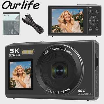 Ourlife Digitale Camera 5K 80MP met 18x Zoom, WIFI & Dual IP, Verzenden, Nieuw