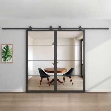 Dubbele stalen schuifdeur -  Zwart - 4 Vlaks - Helder glas *, 75 tot 150 cm, Nieuw, 150 tot 225 cm, Metaal