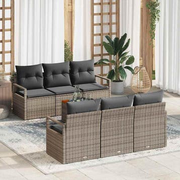 vidaXL Tuinbankenset met opslag 7 pcs Grijs poly rattan, Verzenden, Nieuw, Rotan, 7 zitplaatsen