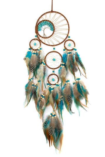 Dromenvanger Blauw Bruin Dreamcatcher Veren Macramé Bohemian, Ophalen of Verzenden, Nieuw, Feestartikel, Carnaval
