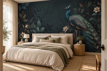 Pauw behang woonkamer – donker bloemen fotobehang, Verzenden, Fotobehang