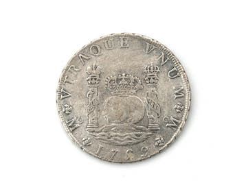 Een zilveren munt, 8 reales, koning Karel III, Mexico 1759