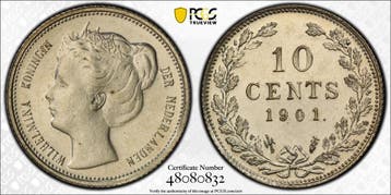 Koningin Wilhelmina 10 cent 1901 Proof PCGS PR64, Postzegels en Munten, Verzenden, Zilver, 10 cent, Koningin Wilhelmina