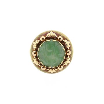 Gouden ring met gesneden jade; 14 karaat; ringmaat 19,5, Gebruikt, 19 tot 20, Ophalen of Verzenden, Met edelsteen