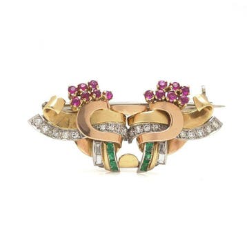 Broche - 18 karaat Geel goud - Retro Robijn, Smaragd &