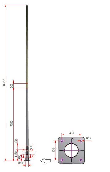 16 meter hoge stalen high mast met voetplaat / montagepl..., Nieuw