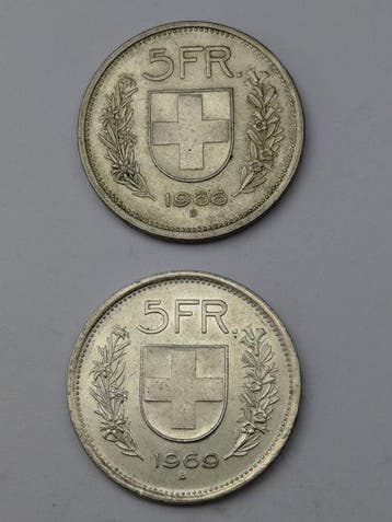 Zwitserland. 5 Francs 2x 1966/1969 (Zonder minimumprijs), Postzegels en Munten, Munten | Europa | Niet-Euromunten