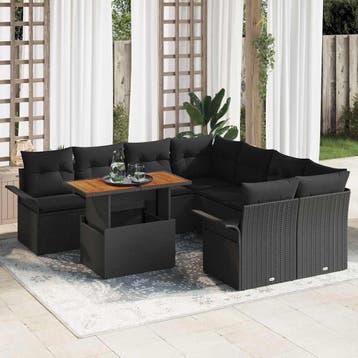 vidaXL Tuin Sofa Set 9 st Zwart Poly riet, Verzenden, Nieuw, Rotan, Meer dan 8 zitplaatsen