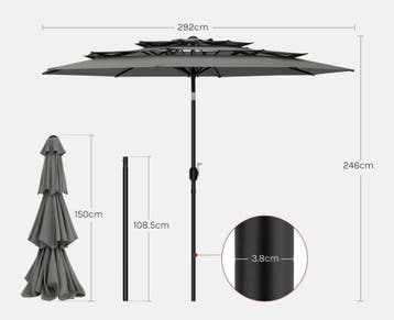 Grote Ronde Tuinparasol 292cm – Kantelbare Parasol Grijs, Nieuw, Stokparasol, Verstelbaar