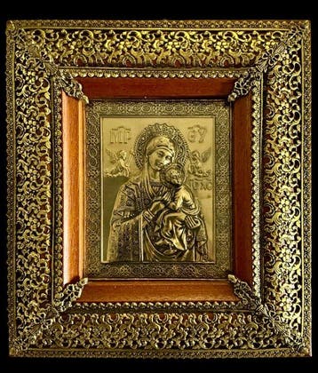 Icoon - Moeder Gods van de Passie - Hout, Messing, Glas