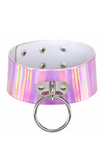 Choker Breed Roze Ring Holografisch Iridescent Halsband Coll, Kunststof, Verstelbaar, Nieuw, Ophalen of Verzenden