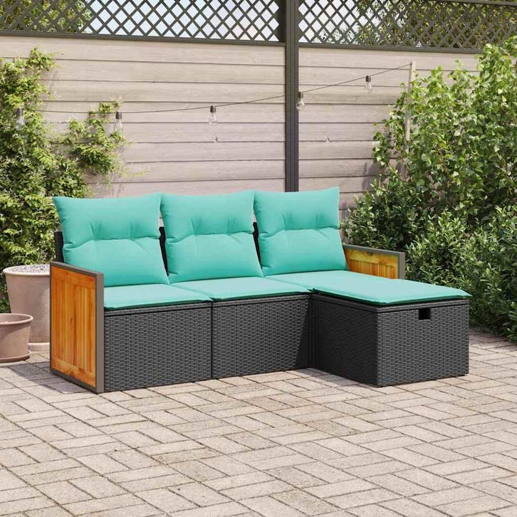 vidaXL 4-delige Loungeset met kussens poly rattan zwart, Tuin en Terras, Tuinsets en Loungesets, Loungeset, Nieuw, Verzenden