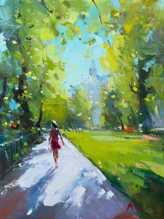 Aziz Sulaimanov - Park Walk, Antiek en Kunst, Kunst | Schilderijen | Modern