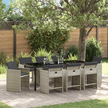 vidaXL Tuin eettafelset 9 pcs Lichtgrijs poly rattan, Verzenden, Nieuw, Rotan, Meer dan 8 zitplaatsen