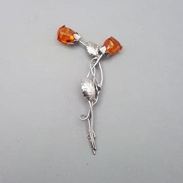 Zilver, Grote Art Nouveau, Amber Rozen - Broche