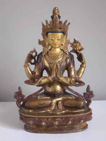 Antiek Bronzen Avalokiteshvara Beeld - Verguld Boeddha 22cm, Ophalen of Verzenden, Brons, 20 - 50 cm, Beeld