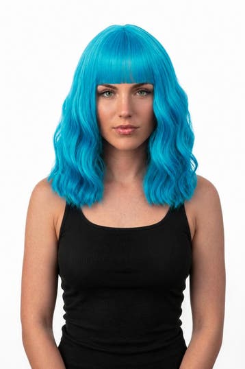 KIMU® Luxe Oceaanblauw Pruik Schouderlengte Rechte Pony Krul, Ophalen of Verzenden, Nieuw, Carnaval