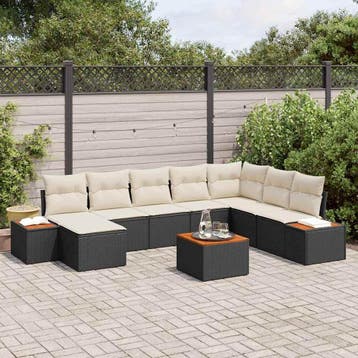 vidaXL Tuinbankenset 9 st Zwart Poly riet, Verzenden, Nieuw, Rotan, Meer dan 8 zitplaatsen