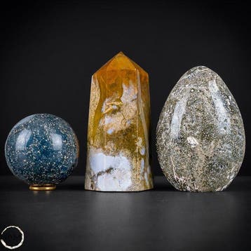 Ocean-Jaspis-Set – bol, obelisk en vrije vorm Krachtige