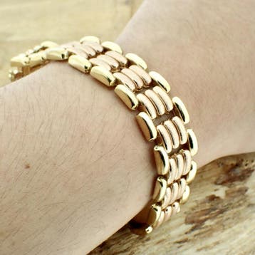 Vintage bicolor gouden brede schakelarmband, Ophalen of Verzenden, Gebruikt, Goud, Goud