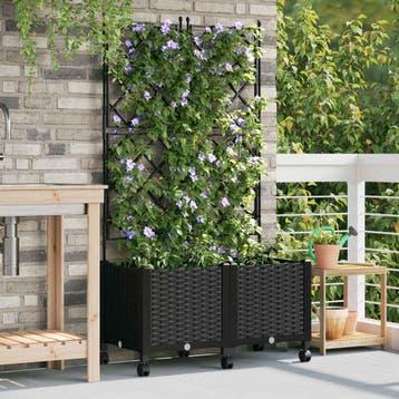 vidaXL Tuinplantbak met schutting en wielen 2 st Zwart PP, Verzenden, Nieuw, Minder dan 60 cm, 60 cm of meer