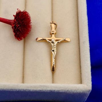 Bicolor gouden hanger van een kruis met corpus, Ophalen of Verzenden, Gebruikt, Goud, Overige merken
