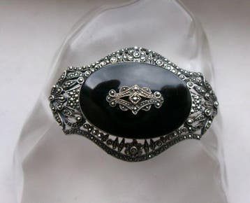Zilver, Onyx & Marcasites - Broche - Art Deco-stijl, Antiek en Kunst