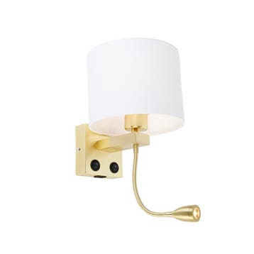 Wandlamp goud met USB en kap wit 18 cm - Brescia Combi, Verzenden, Nieuw, Modern