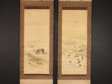 Very fine diptych Cranes And Turtles, signed - including