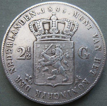 Nederland. Willem II. 2 1/2 Gulden 1845 (Lelie met Parel op