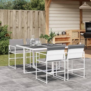 vidaXL 5-delige Tuinset met kussens textileen wit, 4 zitplaatsen, Verzenden, Nieuw, Rvs
