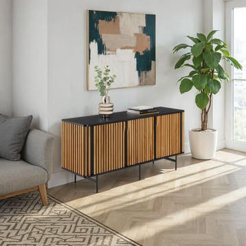 Dressoir Lineo, lamellenlook, 3 kastvakken - zwart/bruin, Verzenden, Nieuw