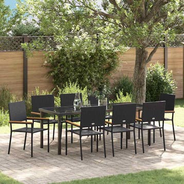 vidaXL Tuin eettafelset 9 st Zwart poly rattan, Verzenden, Nieuw, Rotan, Meer dan 8 zitplaatsen