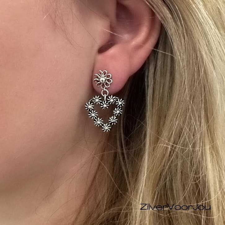 925 zilveren Pikul oorhangers met hartvormig bloemmotief, Sieraden, Tassen en Uiterlijk, Oorbellen, Nieuw, Verzenden
