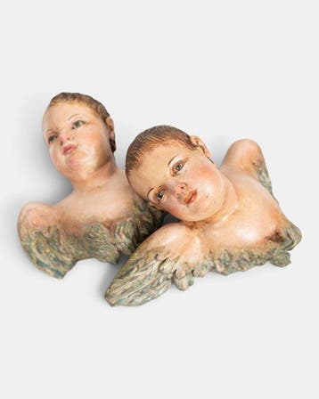 ACO - sculptuur, Coppia di cherubini alati antichi in legno