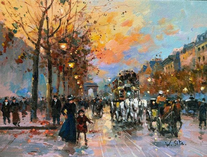 Walter Sita (XX) - Paris - Champs Elysées  Arc de Triomphe, Antiek en Kunst, Kunst | Schilderijen | Klassiek
