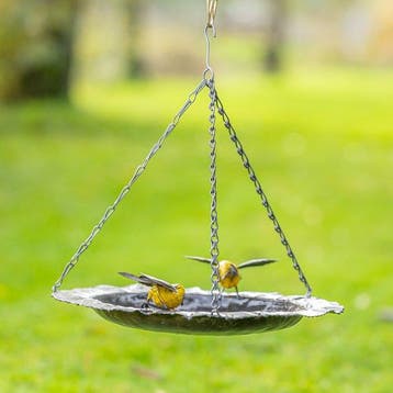 Sculptuuur voor buiten, Hangende vogeldrinkbak met twee gele, Antiek en Kunst