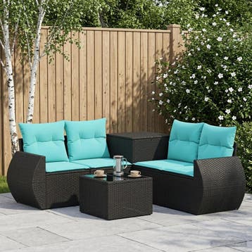 vidaXL Bankstel 6 st Zwart en Blauw Poly Rattan en Staal, Verzenden, Nieuw