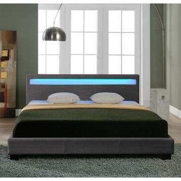 Houten bed stof LED-verlichting bedbodem 140x200 donkergrijs, Verzenden, Nieuw