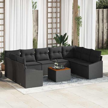 vidaXL Tuinbankenset 10 st Zwart poly rattan, Verzenden, Nieuw, Rotan, Meer dan 8 zitplaatsen