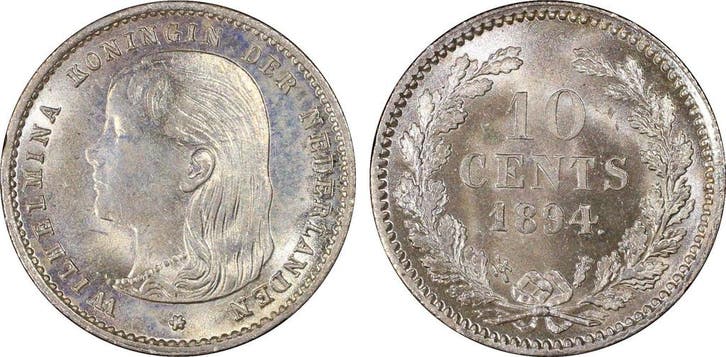 Koningin Wilhelmina 10 cent 1894 PCGS MS64 gecertificeerd, Postzegels en Munten, Munten | Nederland, Losse munt, 10 cent, Koningin Wilhelmina