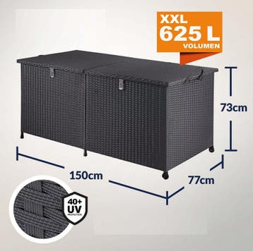 Tuinbox Polyrotan Kussenbox Zwart 150x77x73cm met Wielen, Verzenden, Nieuw