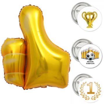 Decoratie set Thumbs Up met folie ballon Duim XL + 3 buttons, Verzenden, Nieuw, Overige typen