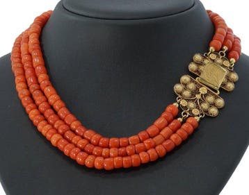 Ketting - 18 karaat Geel goud Bloedkoraal - Filigrain slot