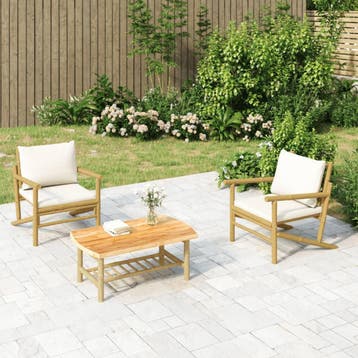 vidaXL 3-delige Loungeset met kussens bamboe crèmewit, Verzenden, Nieuw, Hout, Loungeset