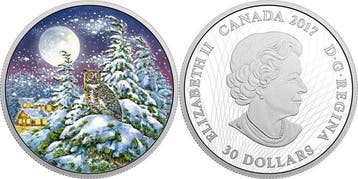 Canada. 30 Dollars 2017 Animals in the Moonlight - Owl , 2